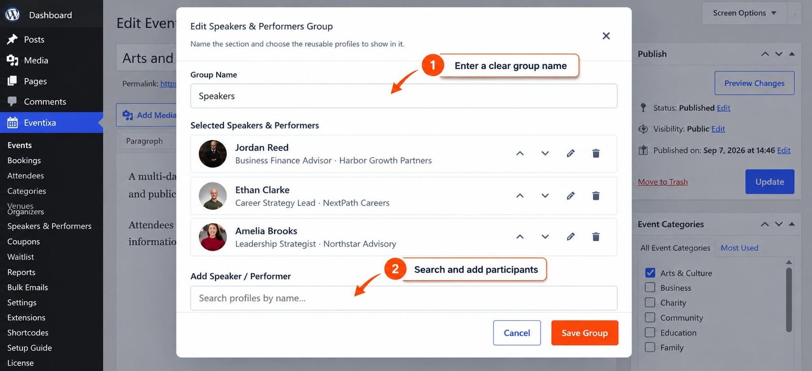 Edit an Eventixa speaker and performer group with selected participant profiles