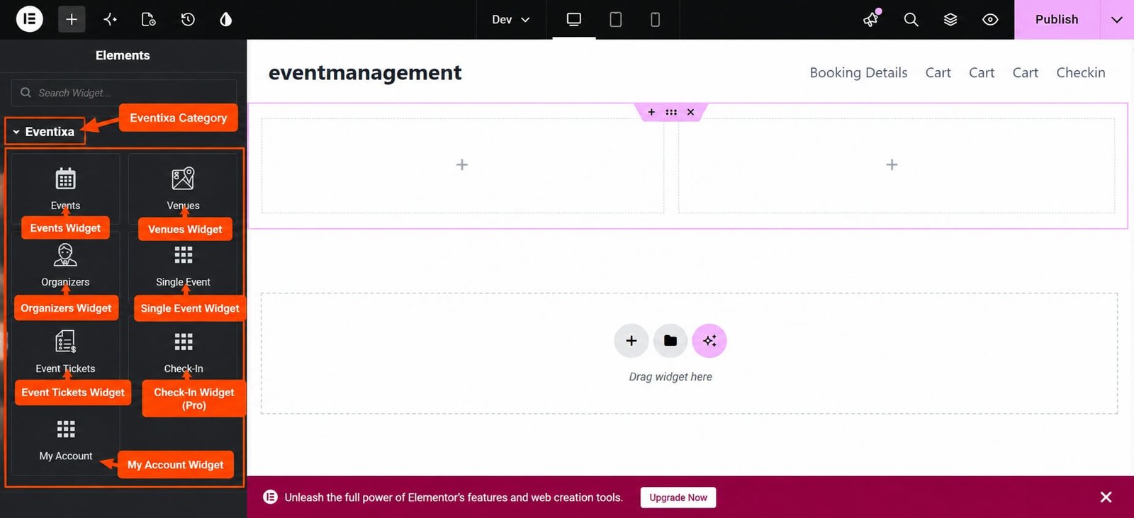 Elementor editor showing Eventixa Events Venues Organizers Single Event Event Tickets and My Account widgets