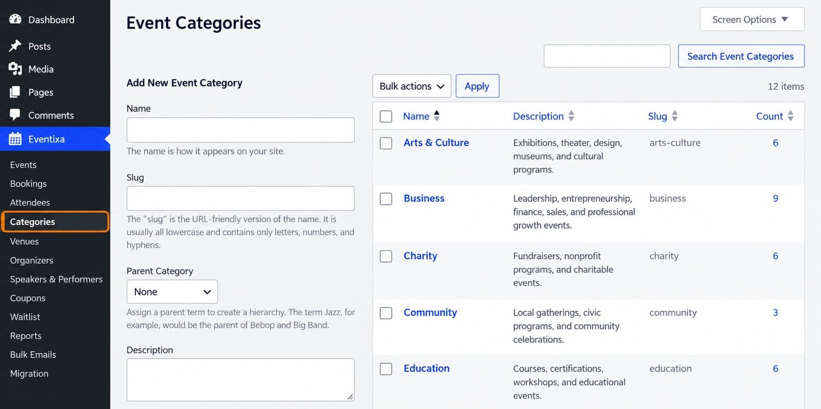 Eventixa event categories management screen in WordPress