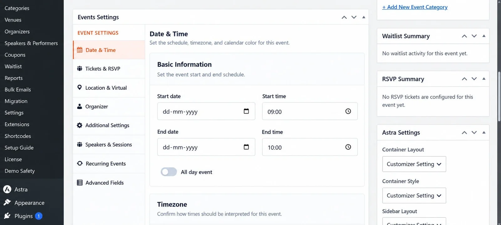 Eventixa event start date end date start time and end time settings