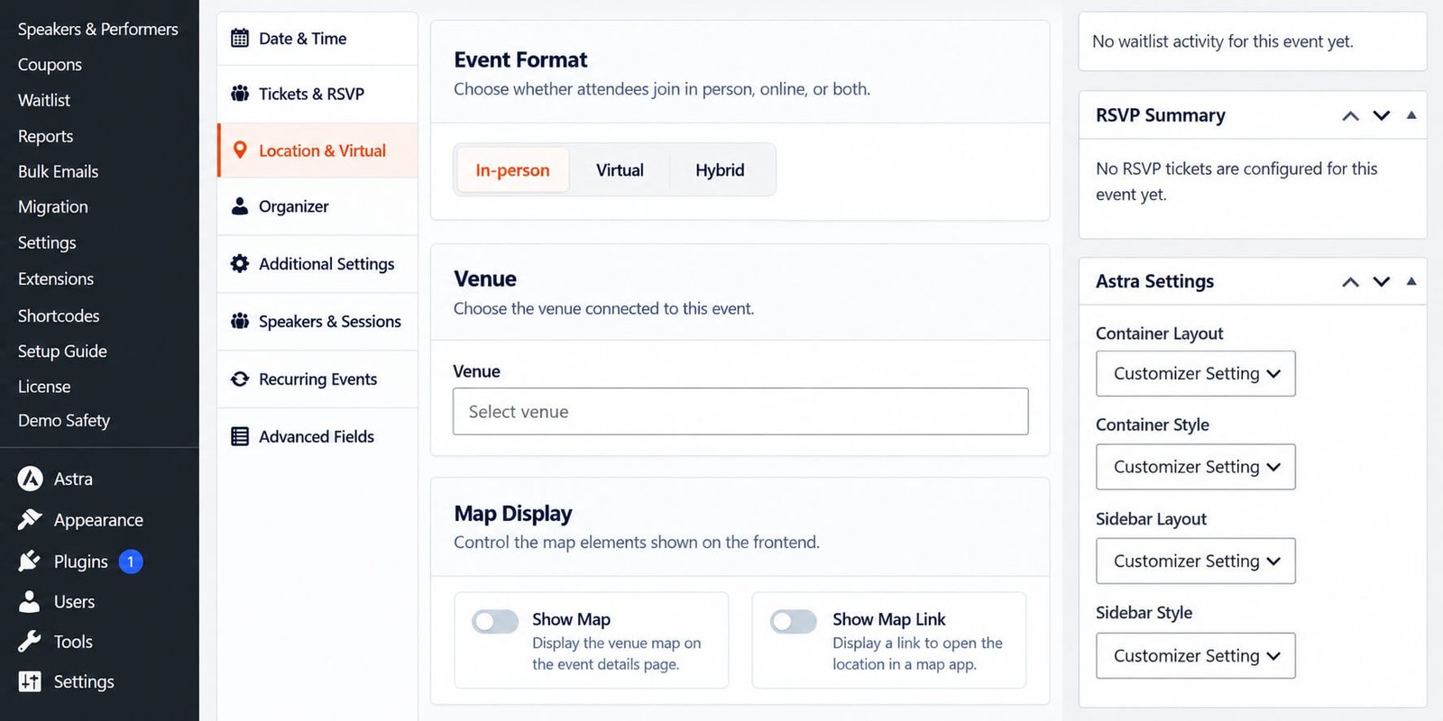 Eventixa Settings of event formate, venue, virtual event, hybride event