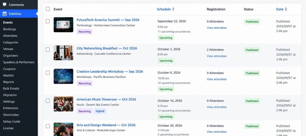 Eventixa events list in WordPress admin