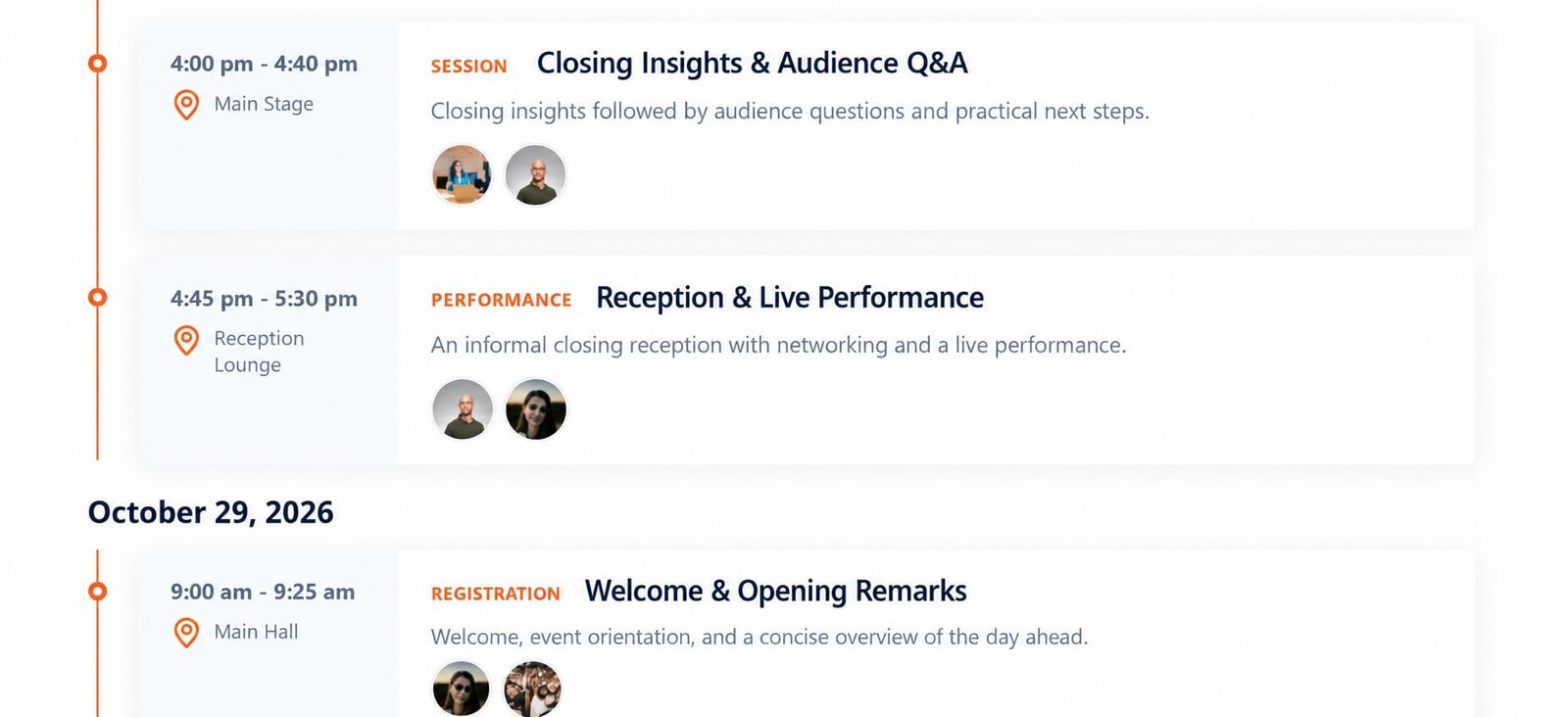 Eventixa event agenda showing session times and speakers
