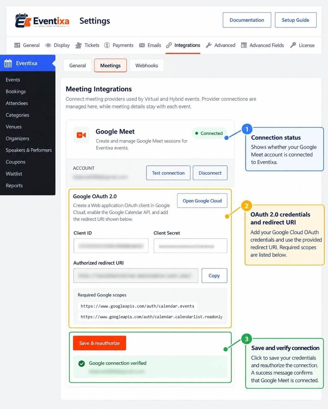 Eventixa Google Meet OAuth settings showing Client ID Client Secret redirect URI required scopes and connection status