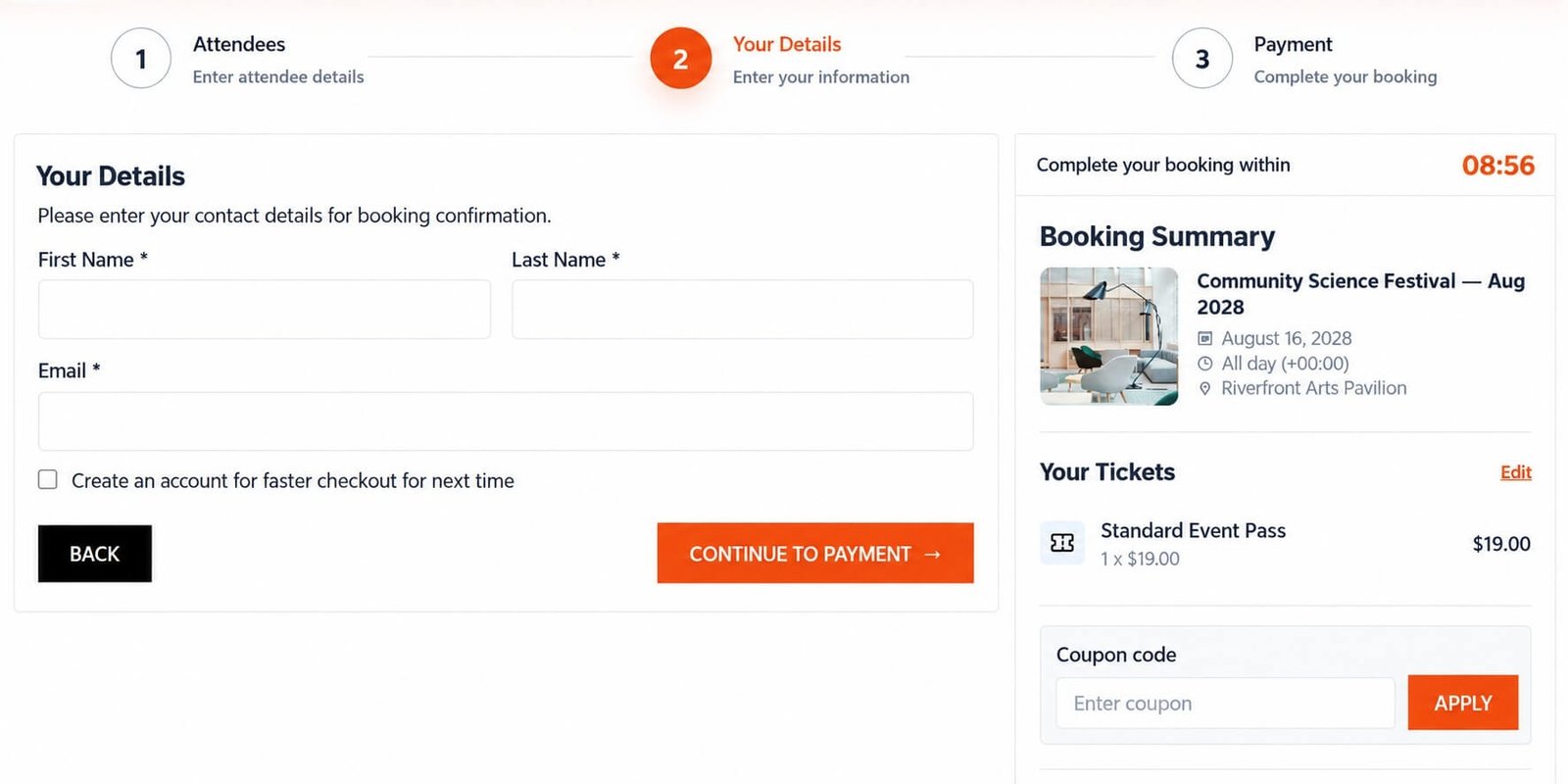Eventixa guest checkout form collecting purchaser and attendee information