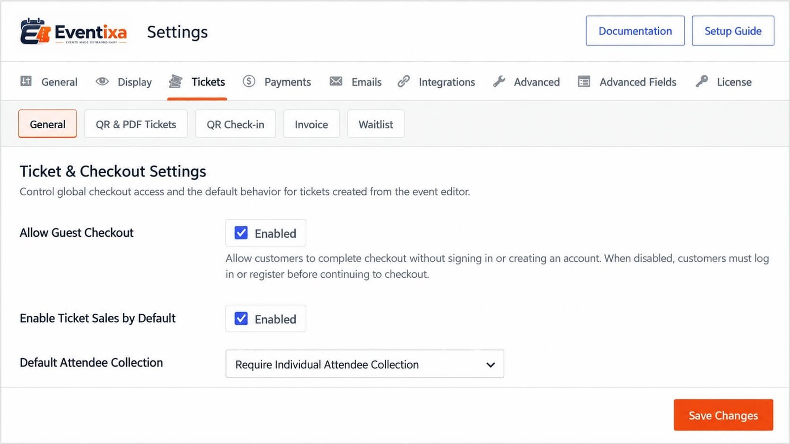 Eventixa Guest Checkout setting under Tickets General settings