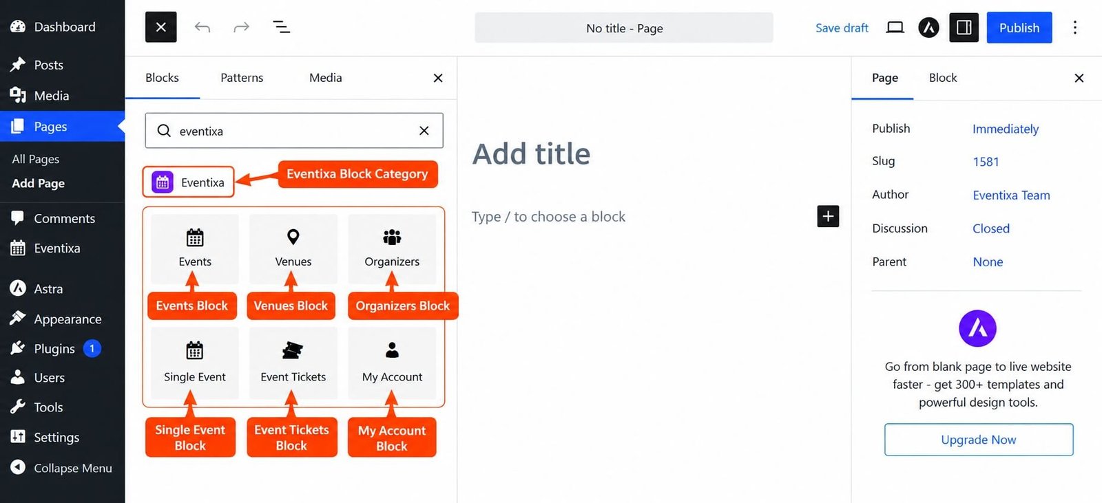 WordPress Gutenberg block inserter showing Eventixa Events Venues Organizers Single Event Event Tickets and My Account blocks