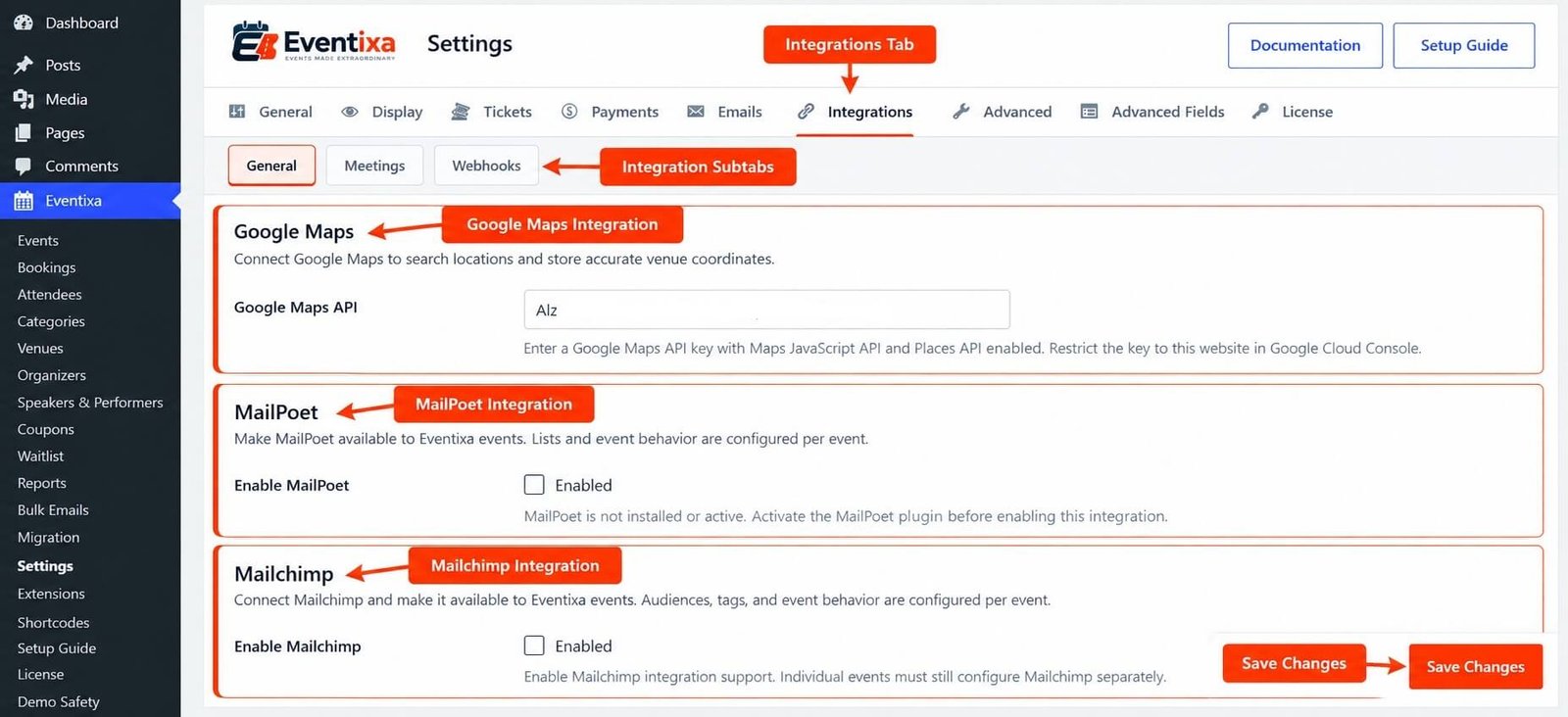 Eventixa Integration Settings showing available integrations and global integration controls