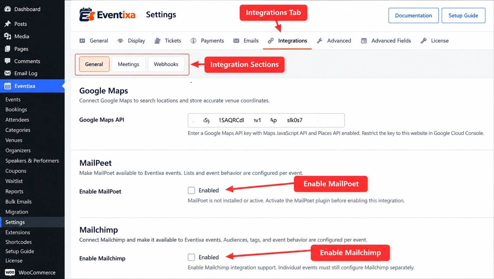 Eventixa Integrations settings showing available integration providers and configuration areas