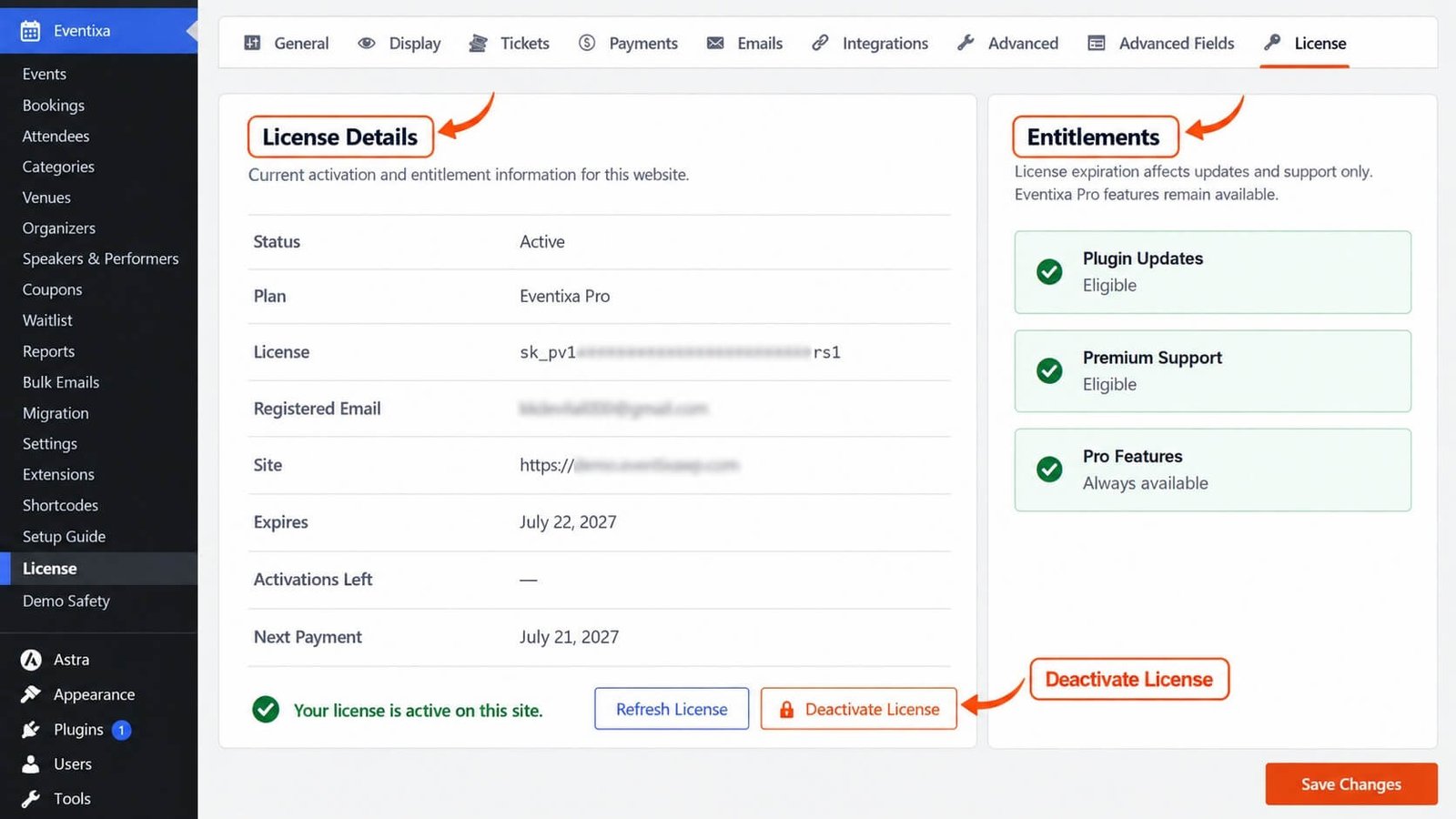 Eventixa Pro License settings screen showing license activation and license status