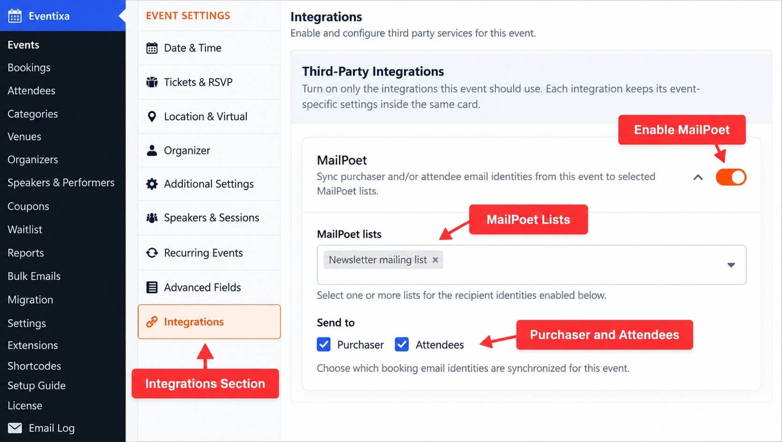 Eventixa Integrations General settings showing the Enable MailPoet option