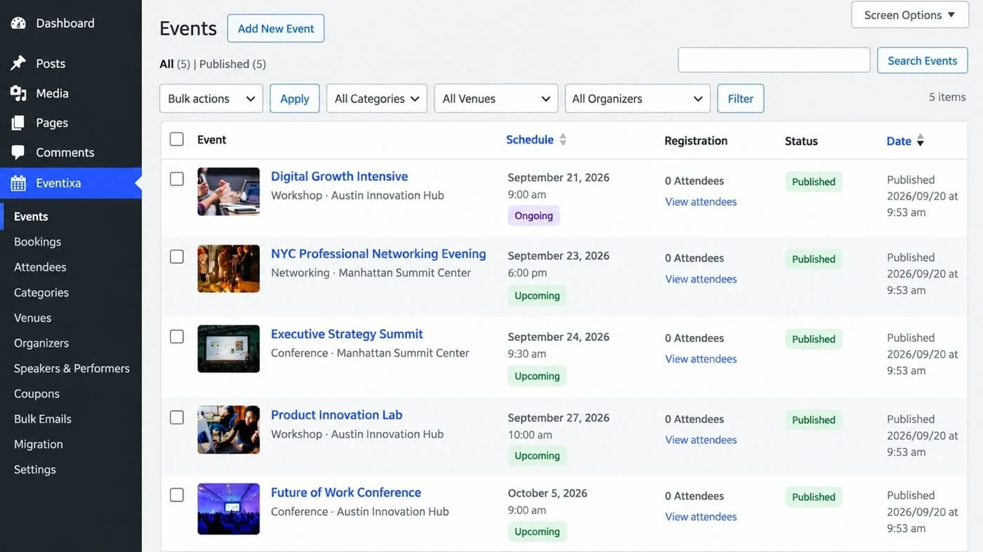 Eventixa events list for managing WordPress events