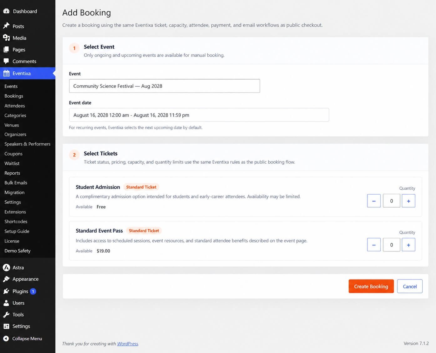 Eventixa manual booking form showing event ticket customer attendee and payment information