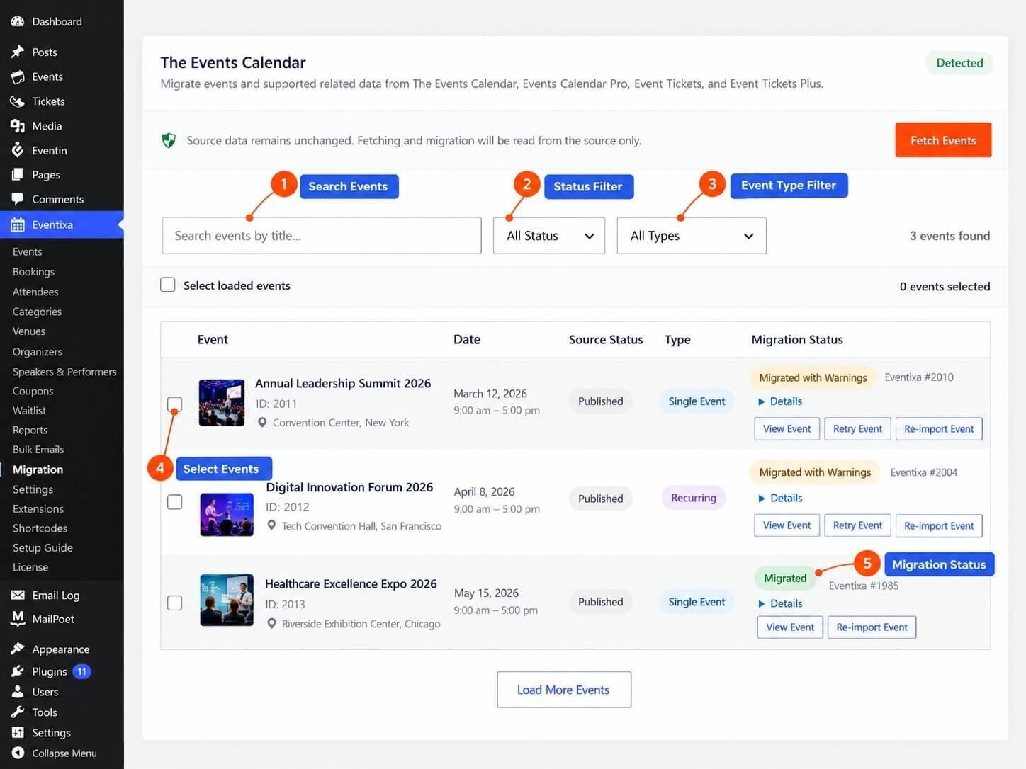 Eventixa Migration screen filtering The Events Calendar source by recurring events