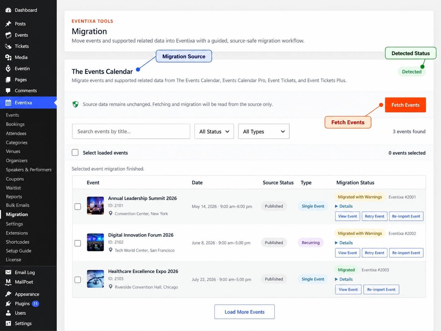 Eventixa Migration screen showing The Events Calendar source detection and Fetch Events action