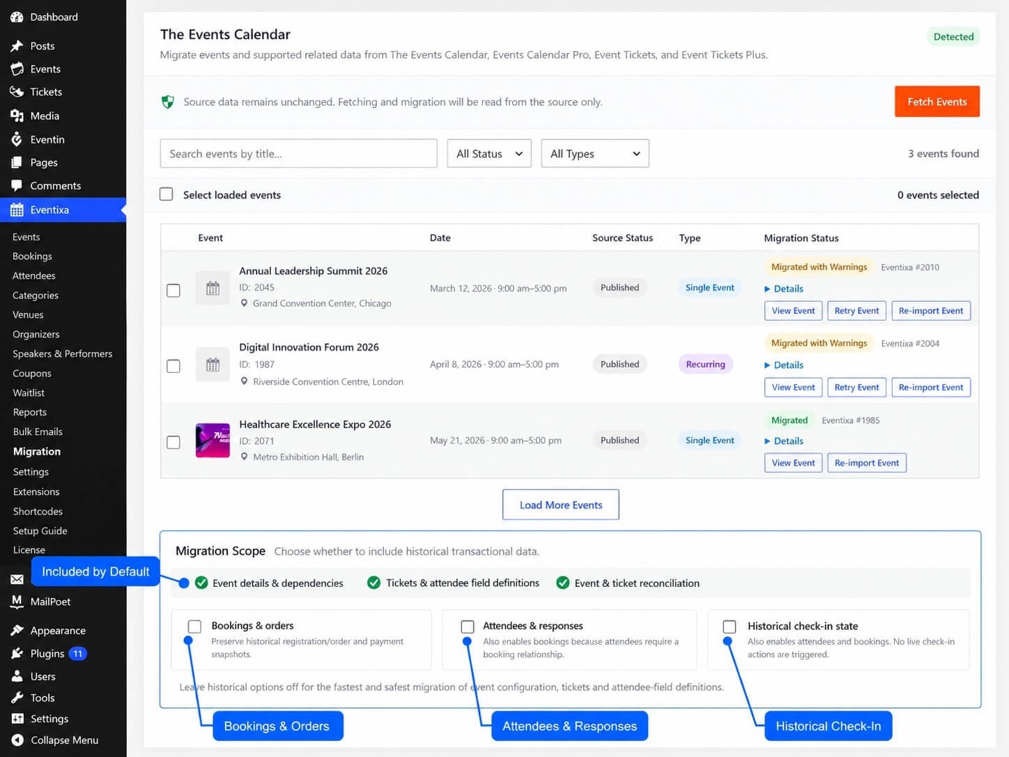 Eventixa Migration Scope showing Bookings and Orders Attendees and Responses and Historical Check-In options