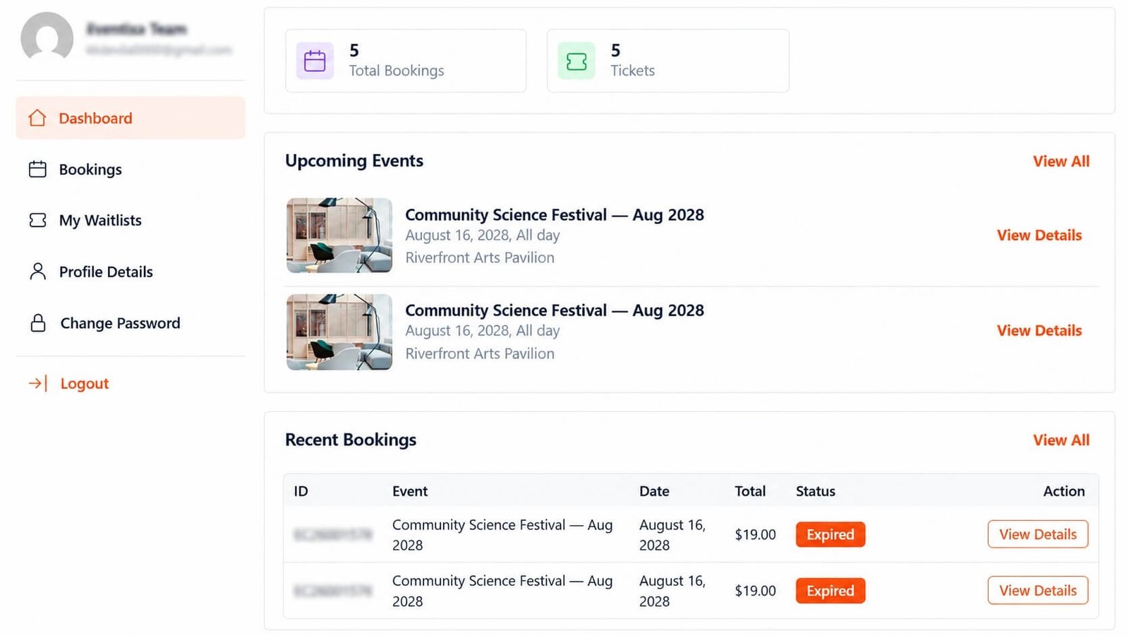 Eventixa My Account frontend page showing customer event bookings and account navigation