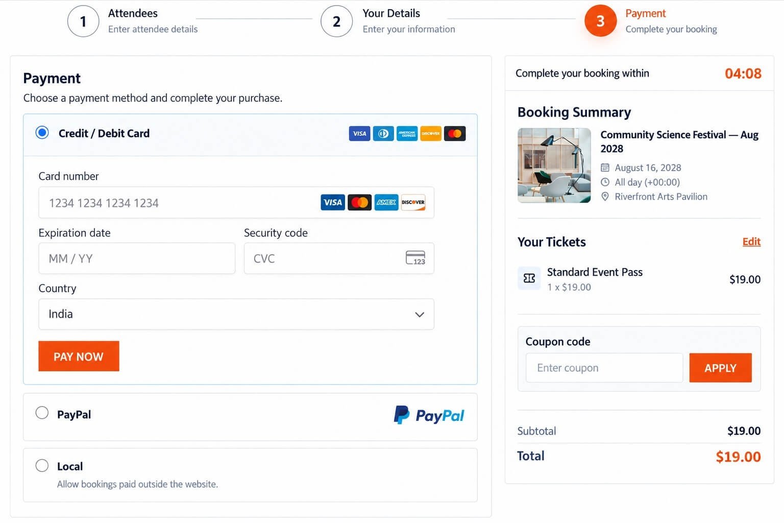 Eventixa checkout Payment step showing available event ticket payment methods