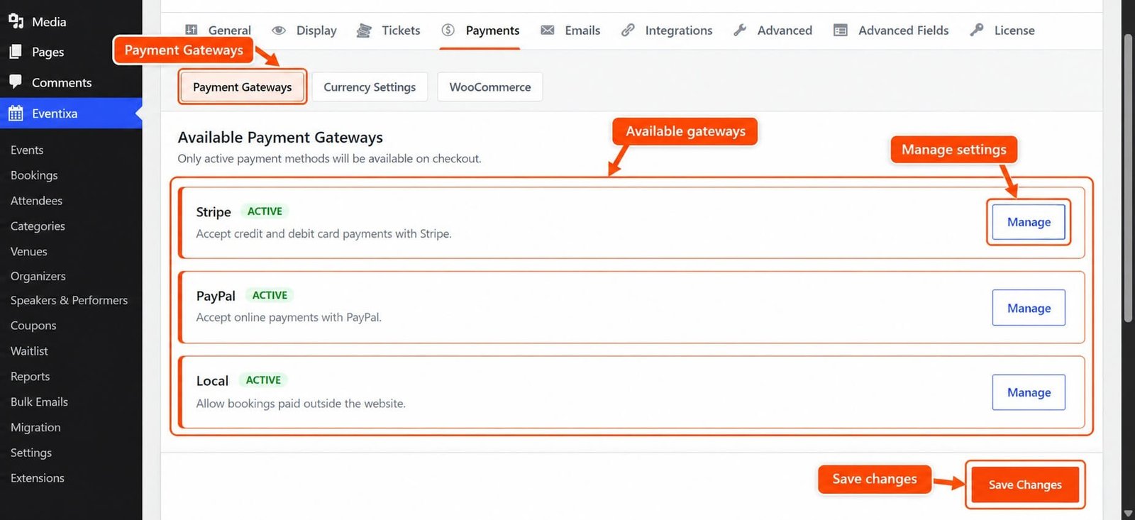 Eventixa payment settings for configuring event ticket payment gateways