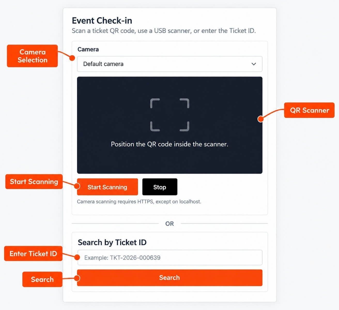 Eventixa Pro Event Check-in page showing camera selection QR scanner and Ticket ID search