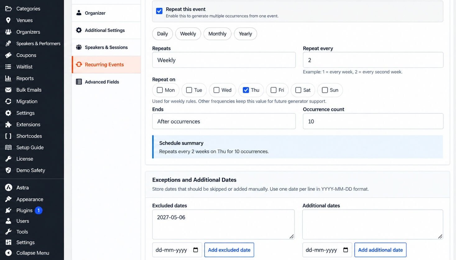 Eventixa Pro recurring event settings with frequency interval and schedule options