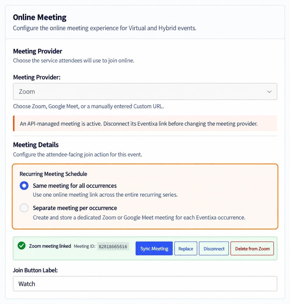 Eventixa Pro recurring virtual event settings