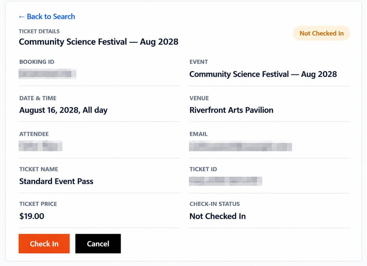 Eventixa ticket validation screen showing event attendee Ticket ID and Not Checked In status