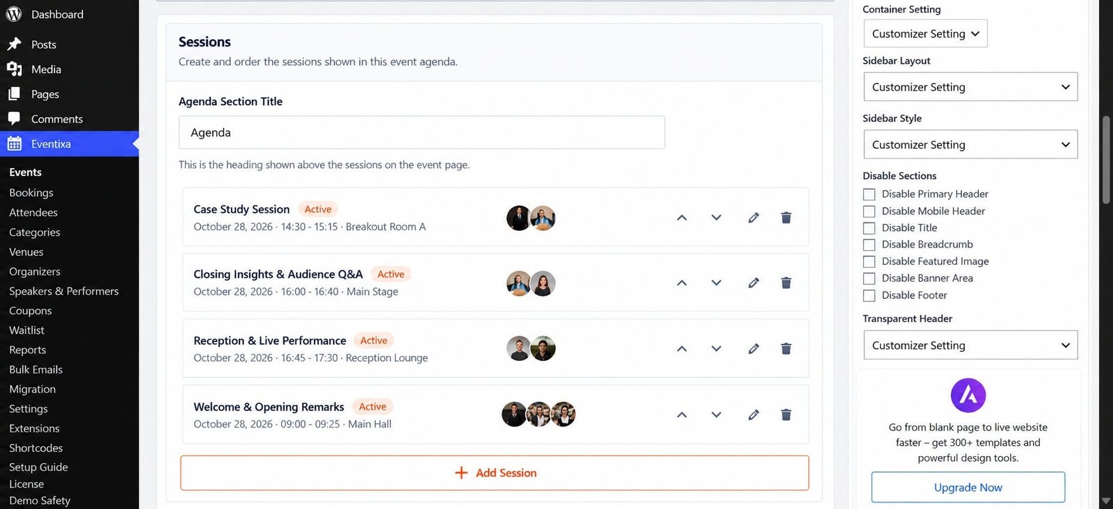 Eventixa Sessions and Agenda settings inside an event