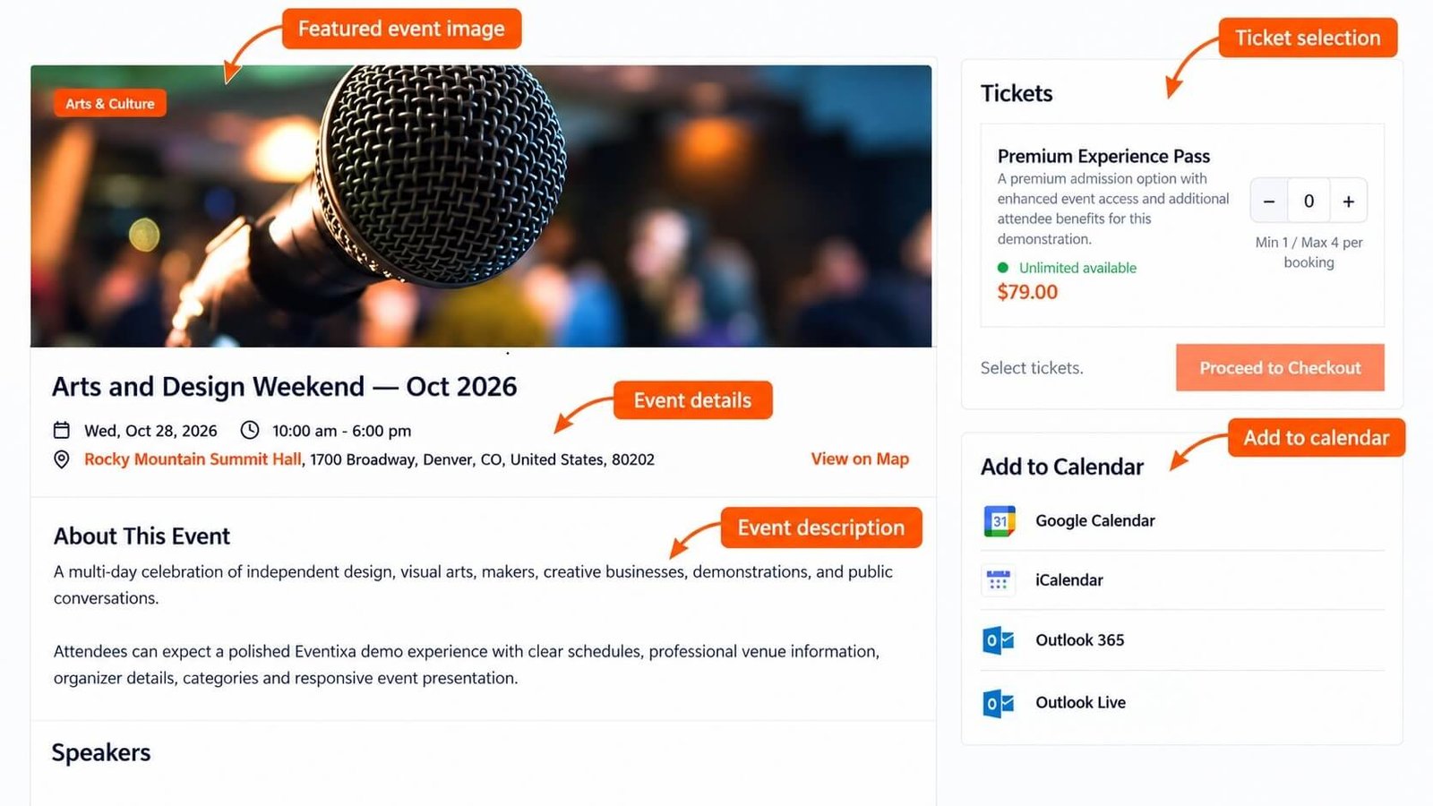 Eventixa single event page showing event details and registration