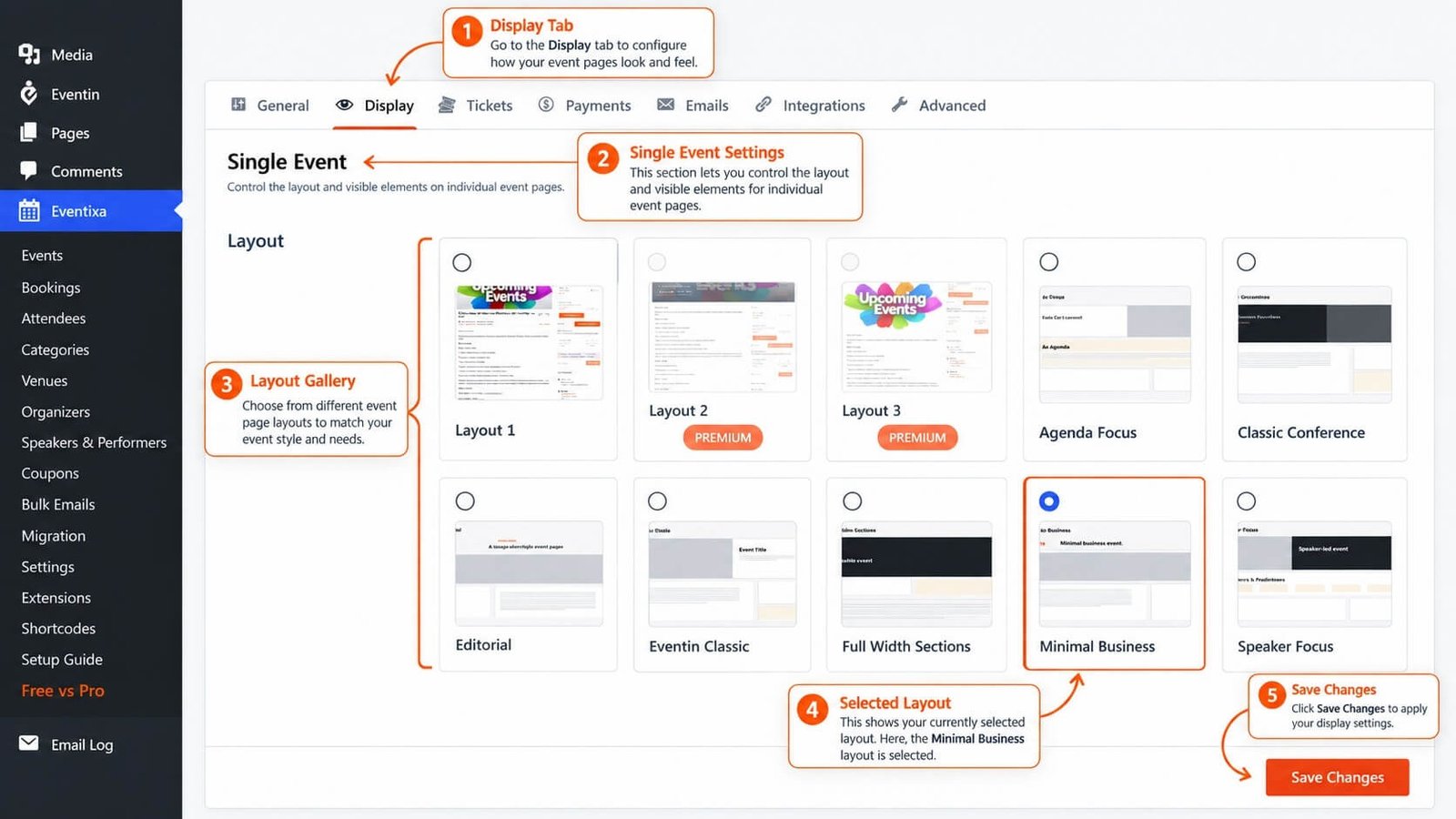 Eventixa single event page display settings in WordPress