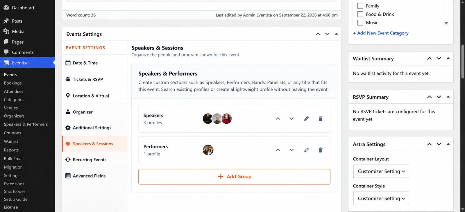 Eventixa speaker and performer groups inside the event editor