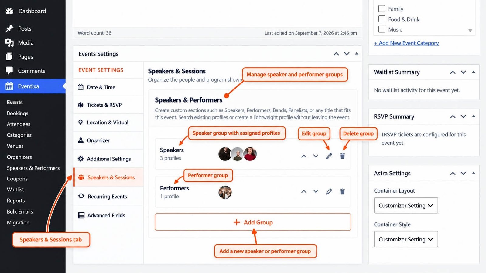 Eventixa Speakers and Sessions settings inside an event