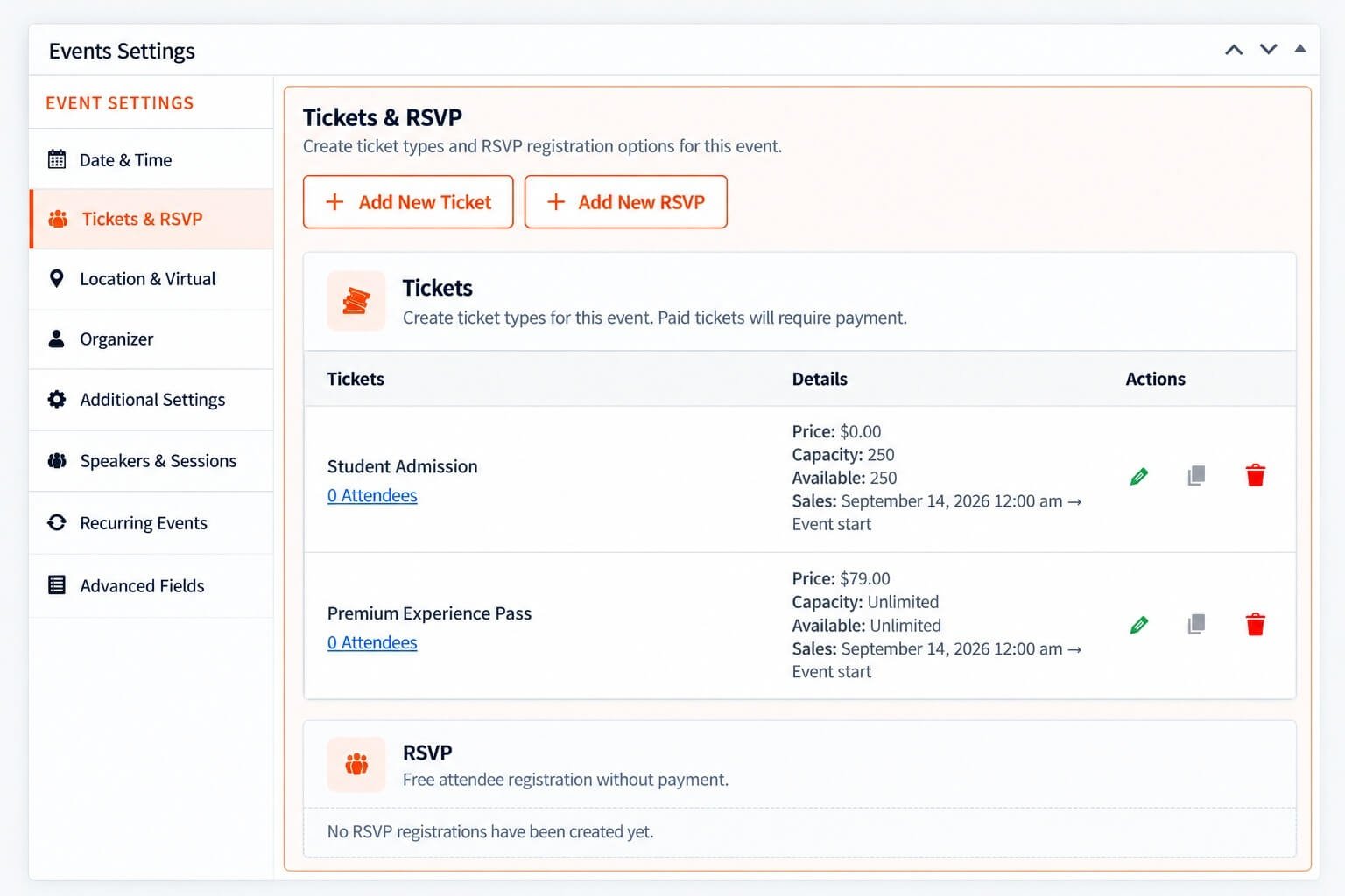 Eventixa Tickets and RSVP management inside an event