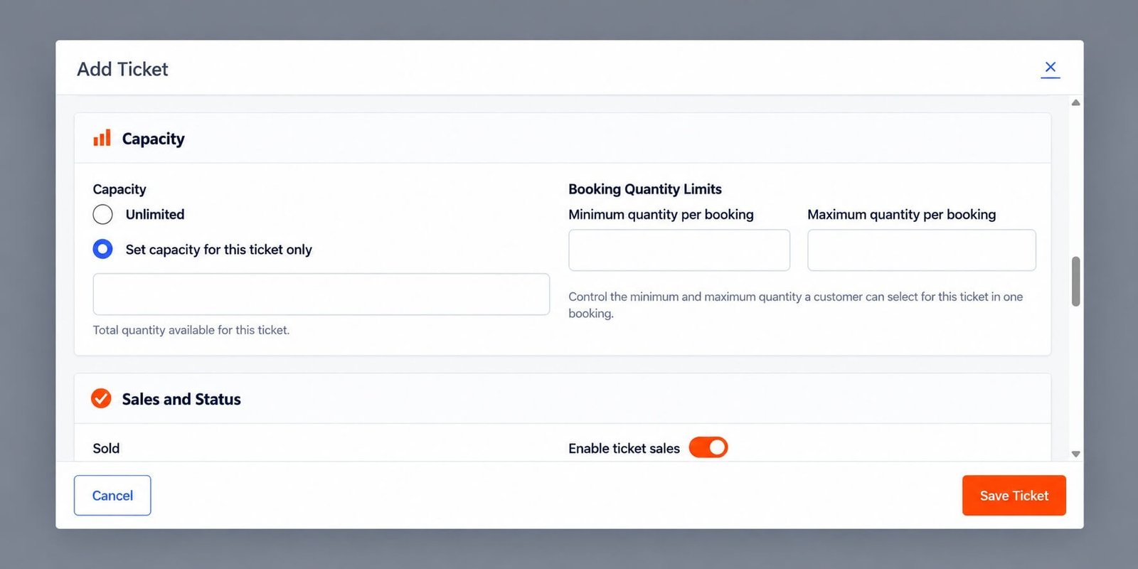Eventixa minimum and maximum ticket quantity per booking settings