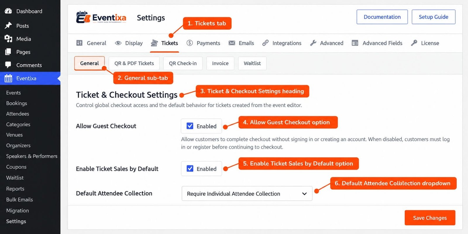 Eventixa Ticket Settings screen showing global ticket and checkout configuration