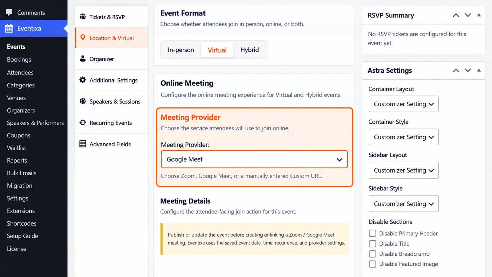 Eventixa virtual event access and provider settings