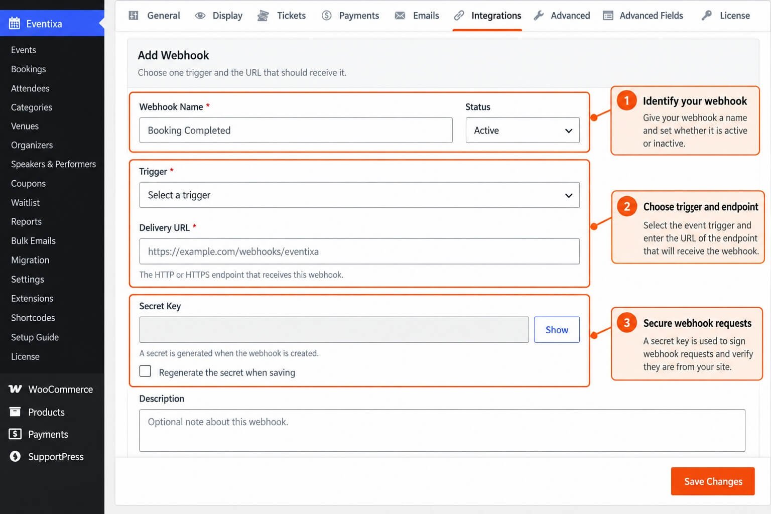 Eventixa Webhooks settings showing the global Enable Webhooks option and webhook manager