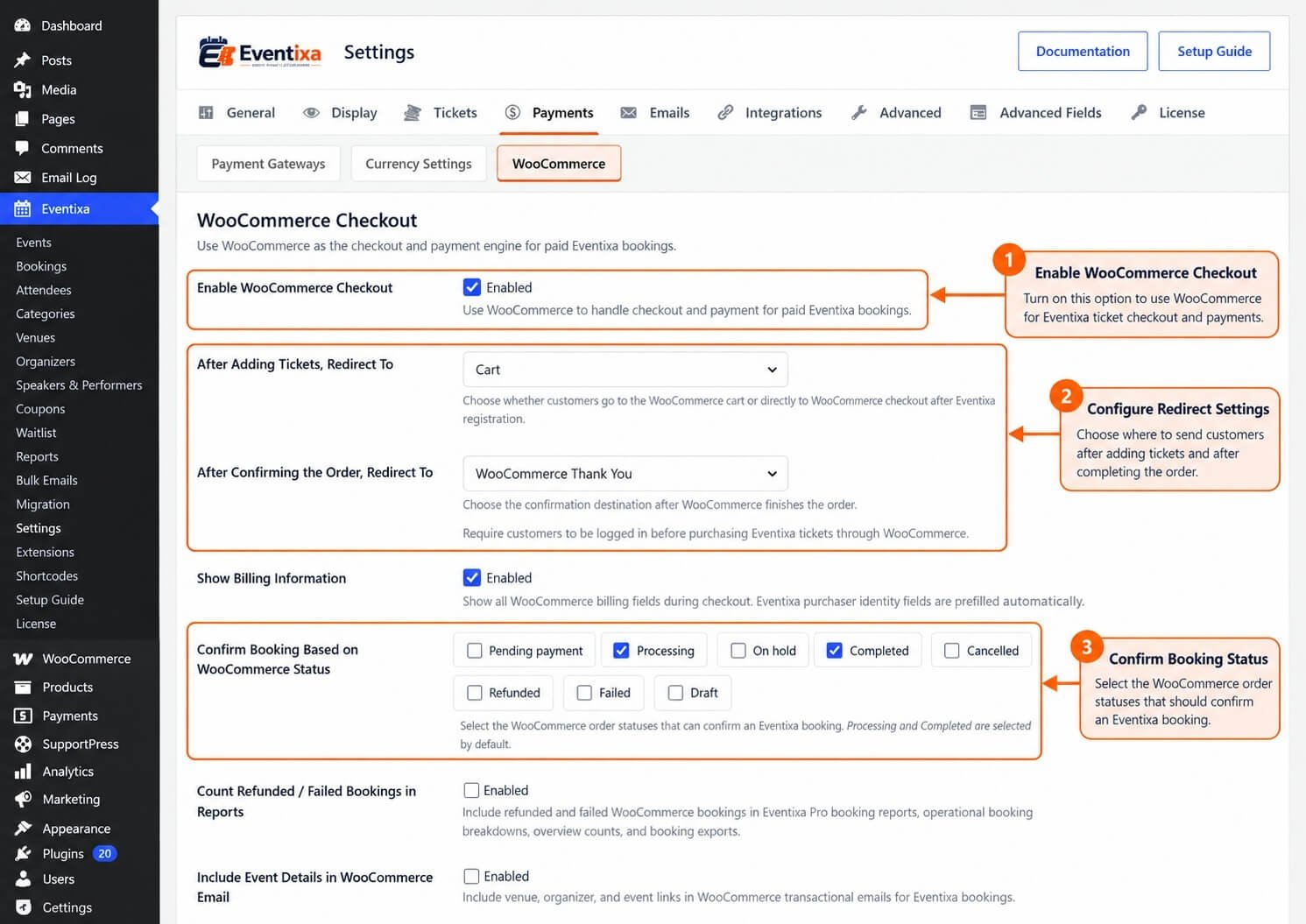 Eventixa WooCommerce payment settings for event ticket checkout