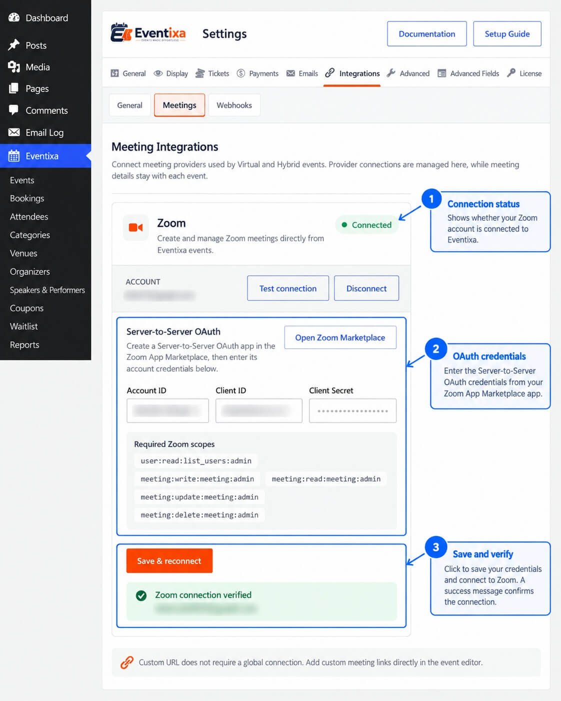 Eventixa Zoom Server-to-Server OAuth settings showing Account ID Client ID Client Secret scopes and connection controls