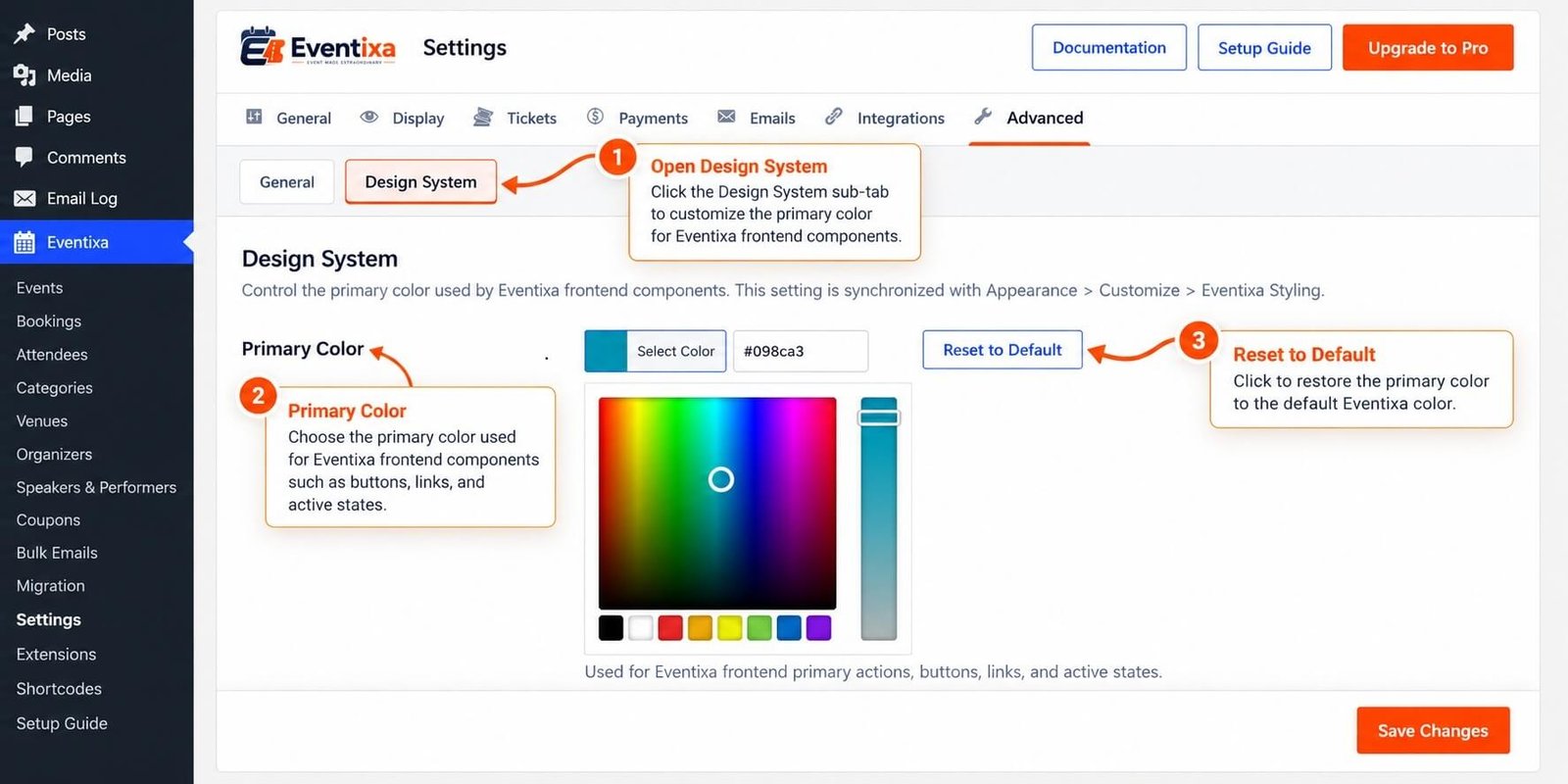 Eventixa Design System settings in WordPress showing the Primary Color picker and Reset to Default option under Advanced settings.