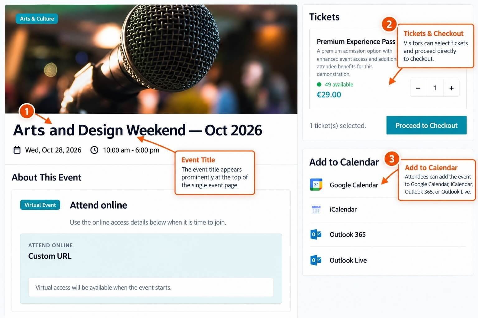 Eventixa single event page showing the event title, ticket selection and checkout area, and Add to Calendar options.
